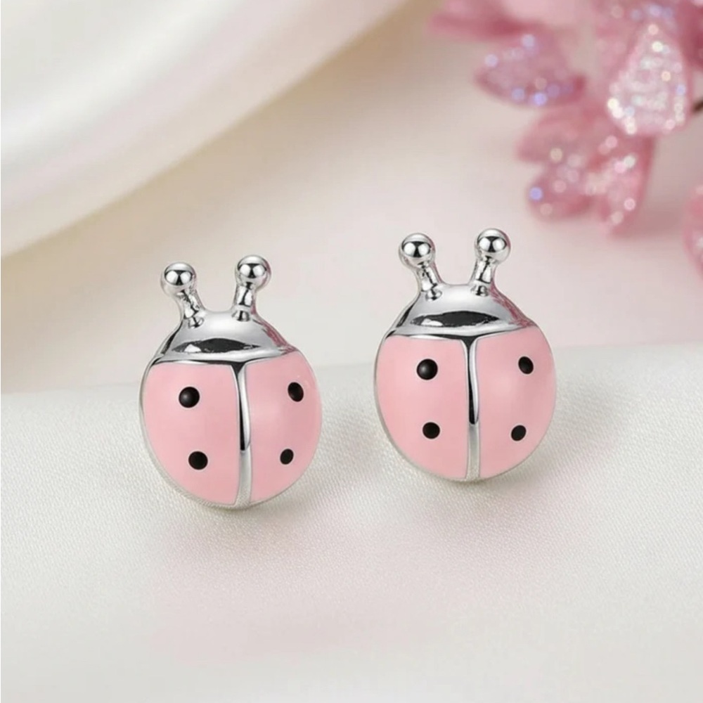 Pink and Silver Ladybug Earrings